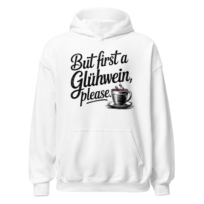 Glühwein First Hoodie mit Winter-Spruch, Detailansicht